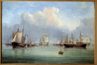 Statki morskie i zacumowane żaglówki. Obraz Arthura Wellingtona Fowlesa (1815-1883), XIX wiek, Muzeum Sztuk Pięknych w Orleanie