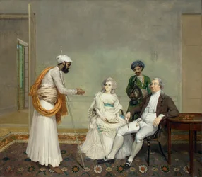 Portret sędziego Suetoniusa Granta Heatly’ego i Temperance Heatly z ich indyjskimi służącymi we wnętrzu w Kalkucie, około 1786