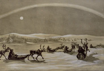 Wyjątkowy wygląd zorzy polarnej nad stadem reniferów Laponii przekraczających Jerdis Javri, z Winter Sketches w Laponii, rytowany przez Jamesa Duffielda Hardinga (1798-1863) 1825 (engraw