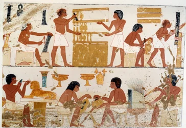 Rzemieślnicy przy pracy. Faksymile reprodukcji na podstawie dokumentu z Teb, okres Amenofisa III (XVIII dynastia)