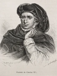 Karol VI Francuski, zwany "Ukochanym" (1368-1422). Król Francji (1380-1422), dynastia Walezjuszy. Rycina.