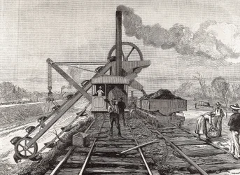 Budowa Kanału Panamskiego. Prace pogłębiarskie w wiosce Culebra. Oryginalny rysunek autorstwa Meltora Priora. Obraz opublikowany w "The Illustrated London News". Rycina.