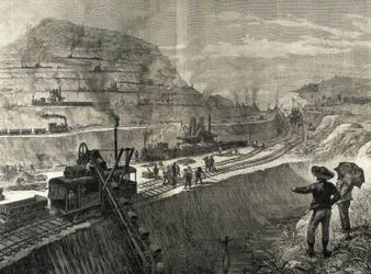 Budowa Kanału Panamskiego. Prace pogłębiarskie w wiosce Culebra. Oryginalny rysunek autorstwa Meltora Priora. Obraz opublikowany w "The Illustrated London News". Rycina.