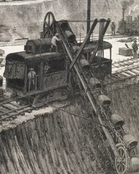 Budowa Kanału Panamskiego. Prace pogłębiarskie w wiosce Culebra. Oryginalny rysunek autorstwa Meltora Priora. Obraz opublikowany w "The Illustrated London News". Rycina.
