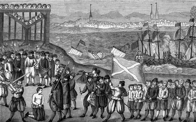 Egzekucja słynnego niemieckiego pirata Klausa Stortebekera (1360-1401) i jego 71 wspólników w 1401 roku w Hamburgu. Rycina według XVI-wiecznego obrazu.