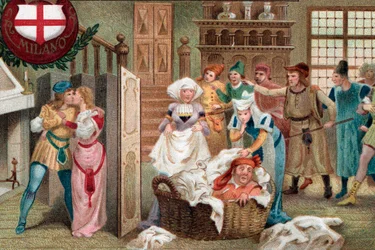 Falstaff ukryty w koszu na bieliznę, akt II scena 2 z opery Falstaff z opery Giuseppe Verdiego