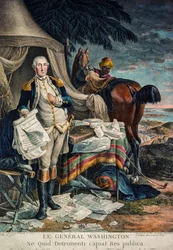George Washington w obozie bojowym trzymający Deklarację Niepodległości (ręcznie kolorowany grawerunek)