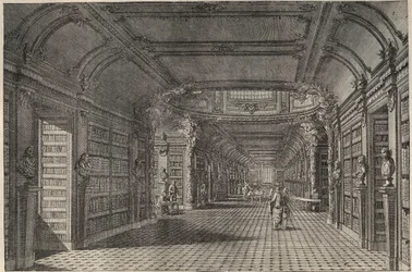 Wnętrze starożytnej biblioteki Saint Genevieve (Sainte Genevieve) w XVIII wieku-