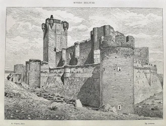 Medina del Campo. Zamek Mota. Rycina. HISZPANIA. ARAGON. Saragossa. Generalna Akademia Wojskowa