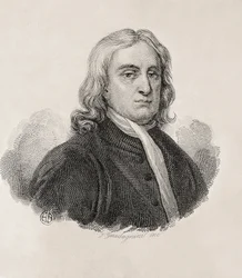 Newton, Sir Isaac (1642-1727). Angielski matematyk, fizyk i astronom; GUADAGNINI, Gaetano (1800-1860). Włoski rytownik. Portret Izaaka Newtona, dzieło Gaetano Guadagniniego. Rycina. WŁOCHY. LOMBARDY. Mediolan. Civica Raccolta delle Stampe "Achi