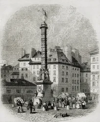 Paryż. Sprzedawcy wody przed fontanną na Place Chatelet (rycina)