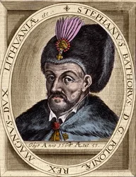 Portret Szczepana Batorego, króla Polski, księcia Siedmiogrodu (1532-1586) - Szczepan I Batory (1533-1586). Król Polski (1575-1586). Rycina.