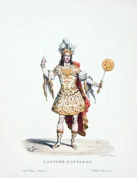 Przedstawienie króla Ludwika XIV interpretującego Apolla w balecie "Les Noces de Pelee and Thetis".