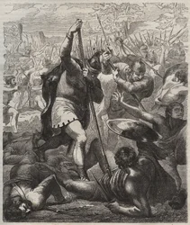 Przedstawienie Pelagiusza, króla Asturii triumfującego nad Saracenami, 719 r., Covadonga, Hiszpania"