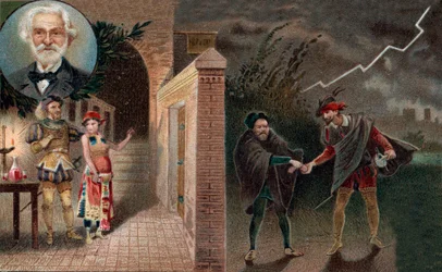 Rigoletto wynajmuje Sparafucilego, aby zamordował księcia - akt 3, scena 4 z opery Rigoletto Giuseppe Verdiego