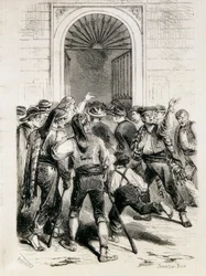Hiszpania (1873). Proklamacja Pierwszej Republiki i szturm na ratusz w Barcelonie (11 lutego 1873). Akwaforta.