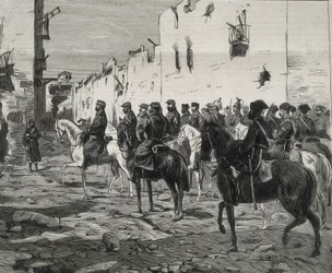 Hiszpania. Pierwsza Republika (1873-1874). Kanton Cartagena. Generał Jose Lopez Dominguez w Cartagenie po kapitulacji kantonistów. Obraz opublikowany w "La Ilustracion Espanola y Americana". Akwaforta.