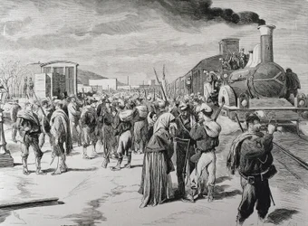 Hiszpania. Trzecia wojna karlistów. Wyjazd batalionu wolnego korpusu przeciwko karlistom z Barcelony. Zdjęcie z "La Ilustracion espanola y americana" (8 kwietnia 1873). Rycina