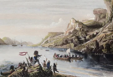 Francuski odkrywca Jacques Cartier odkrył i przepłynął rzekę Świętego Wawrzyńca w Kanadzie w 1535 r. - Jacques Cartier Discovering the St. Lawrence River in 1535