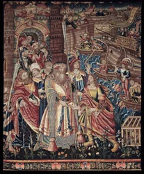 Portugalski nawigator Vasco de Gama (1459-1524) przybył do Calicut w Indiach w 1498 r., detal, gobelin