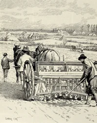ZJEDNOCZONE KRÓLESTWO. ANGLIA. Rewolucja przemysłowa. Maszyna wiertnicza wynaleziona przez Jethro Tulla. Siew jęczmienia w lutym. Rysunek Gunninga Kinga opublikowany w "The Illustrated London News". Rycina.