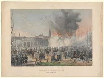 Wiedeńskie bombardowanie bramy zamkowej i miasta 31. października 1848 r.