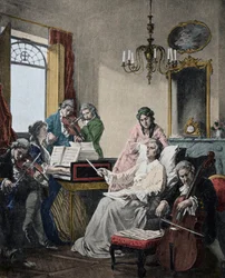 Umierający Wolfgang Amadeusz Mozart (1756-1791) dyryguje zespołem muzyków do Requiem, które właśnie ukończył (Mozart (1756-1791) w swoich ostatnich dniach dyryguje zespołem muzyków do Requiem)