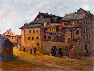 ""Widok na żydowską dzielnicę Krakowa, Polska"" Dzielnica żydowska w Krakowie autorstwa Markowicza, Artur (1872-1934), - Olej na płótnie, 21x27,5 - Kolekcja prywatna