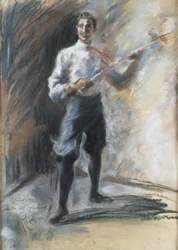 Mistrz szermierki Weisi, autorstwa Arturo Rietti (1863-1943), pastel na papierze, 72x53 cm. Włochy, XX wiek.