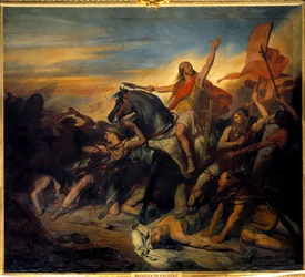 Bitwa pod Tolbiac, zwycięstwo Clovisa (466-511) nad Alamanami (496). Obraz Ary Scheffera (1795-1858)