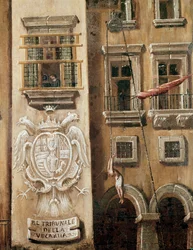 Plac przed sądem Vicaria w Neapolu podczas rewolucji Masaniella, detal przedstawiający mężczyznę powieszonego przed wejściem do pałacu, Neapol, Museo Nazionale di San Martino