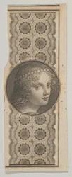 Motyw banknotu z głową dziewczyny pochodzący od Leonarda da Vinci na tle wzoru..., ca. 1824-37.