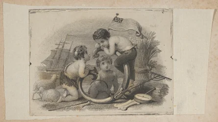 Winieta banknotowa z trzema puttami jako pasterz, rolnik i marynarz, ok. 1900 r. 1824-37.