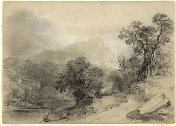 Study for Landscape-Composition: In the Catskills, 1848 (grafit, biała kreda, węgiel i biały gwasz z wydrapywaniem i stemplowaniem na papierze khaki)