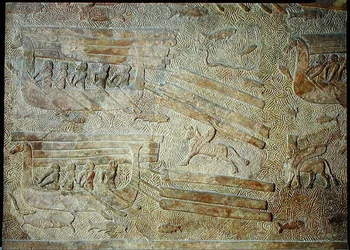 Relief przedstawiający statki przewożące drewno, z Pałacu Sargona II, Chorsabad, Irak