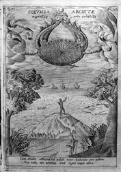 Archytas of Taranto (435-347 pne) leci drewnianą gołębicą. Rycina z „Mundus Subterraneus” Atanazego Kirchera (1601-1680), jezuity, orientalisty i uczonego.