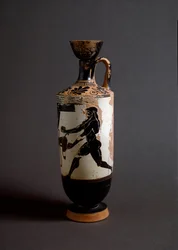 Sztuka grecka: „” Herakles i Atlas”” Szczegół atlasu. Lekythos (lecyth) biały zrealizowany przez malarza Ateny (450-400 pne). Ateny, Narodowe Muzeum Archeologiczne