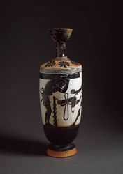 Sztuka grecka: „” Herakles i Atlas”” Szczegół Heraklesa (Herkulesa) Lekythos (lecyth) biały zrealizowany przez malarza Ateny (450-400 pne). Ateny, Narodowe Muzeum Archeologiczne