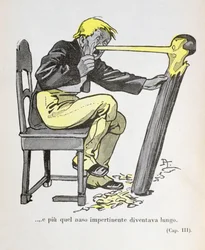 "Nos Pinokia zaczął rosnąć, podczas gdy Gepetto kontynuował rzeźbienie jego postaci", ilustracja z filmu "Pinokio" autorstwa Carlo Collodiego (1826-90) z 1935 r. (litografia kolorowa)