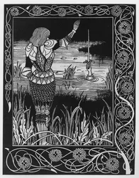 Jak Sir Bedivere rzucił miecz Excalibur do wody, ilustracja z „Le Morte d
