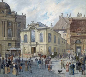 Stary Burgtheater w Wiedniu - August Gerasch (1822-1908). olej na płótnie, ok. 1900. Wymiary: 78x87 cm. Prywatna kolekcja
