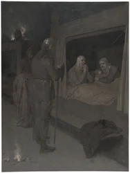 Njal, Bergthora i Thord Karisson decydują się dać spalić żywcem. Ilustracja do Sagi o Njalu, rozdz. 129