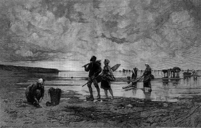 Wielka klacz w Kanale (XIX wiek): rybacy muszli na plaży. Grawer na podstawie obrazu Hagborg Auguste Wilhem Nikolaus (1852-1921/1925) w „Świat ilustracyjny” nr 1219 z 7 sierpnia