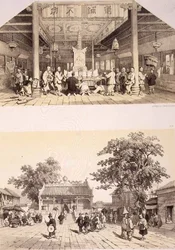 Wnętrze świątyni Buddy i mały plac na przedmieściach kantonu, tablice 25 i 26 ze „Szkiców Chin”, rytowane przez Eugene’a Ciceri (1813-90) 1842 (podbarwione lito)