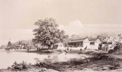 Dom Mandaryna nad kanałem Makao-Kanton, tablica 20 ze „Szkiców Chin”, rytowany przez Eugene Ciceri (1813-90) 1842 (podbarwiony lit)