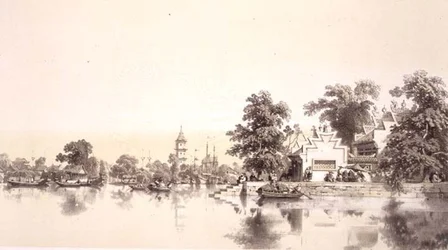 Świątynia, Pagoda i Wioska nad Kanałem Makao-Kanton, tablica 22 ze „Szkiców Chin”, rytowana przez Eugene’a Ciceri (1813-90) 1842 (podbarwiony lit)