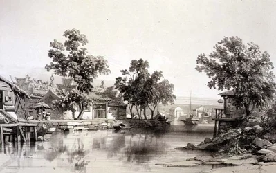 Świątynia i Kanał Honan, tablica 29 ze „Szkiców Chin”, rytowana przez Eugene’a Ciceri (1813-90) 1842 (podbarwiony lit)