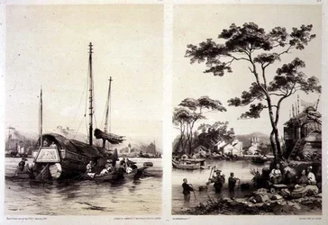 Handel śmieciami za Kantonem i wioską w pobliżu Kantonu, tablice 32 i 31 ze „Szkiców Chin”, grawerowane przez Eugene’a Ciceri (1813-90) 1842 (przyciemniane lito)
