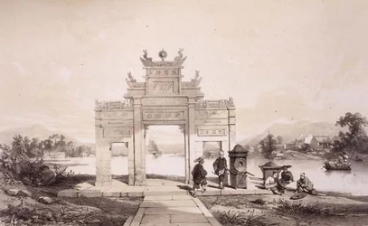 Łuk Triumfalny nad Kanałem Makao-Kanton, tablica 19 ze „Sketches of China”, rytowana przez Eugene’a Ciceri (1813-90) 1842 (podbarwiony lit)