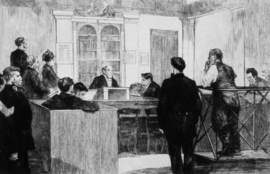 Sala sądu policyjnego przy Bow Street w Londynie w 1884 r. (rycina)